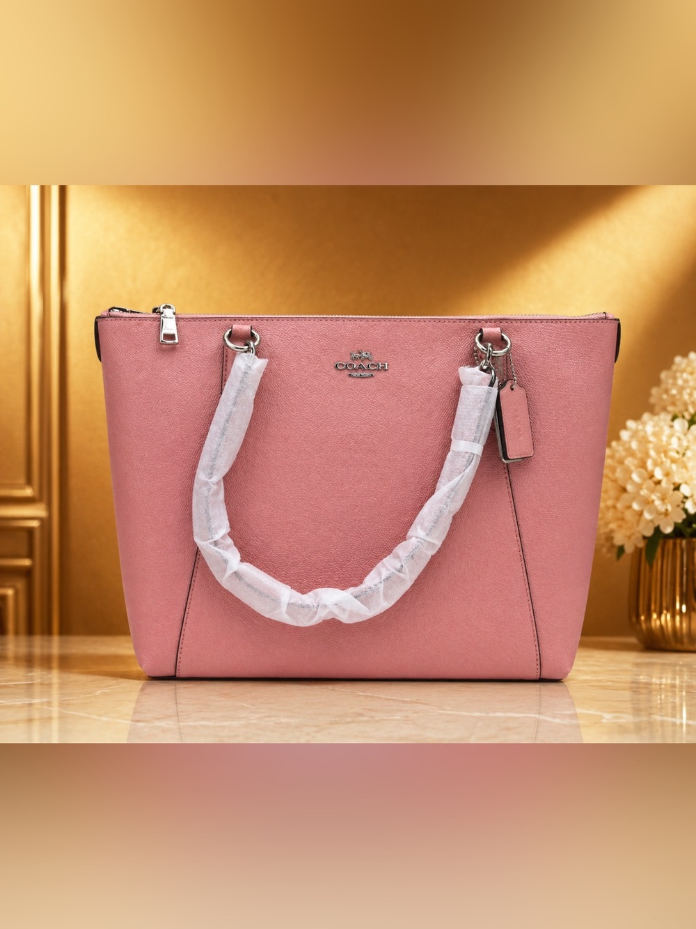 Coach Pink Leather Tote with Logo Charm